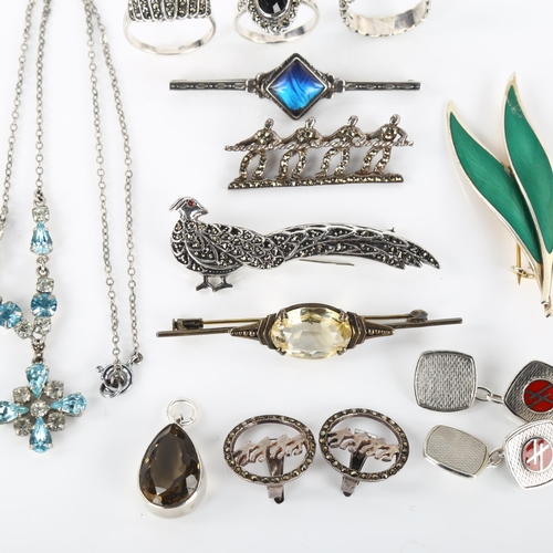 1345 - Various silver jewellery, including Thune of Norway green enamel leaf brooch, Hoover cufflinks etc, ... 