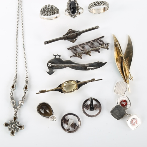 1345 - Various silver jewellery, including Thune of Norway green enamel leaf brooch, Hoover cufflinks etc, ... 