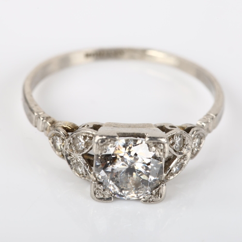 1347 - An Art Deco platinum 1.2ct solitaire diamond ring, set with modern round brilliant cut diamond and s... 