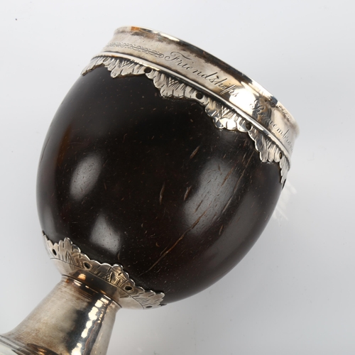 1352 - A 17th/18th century silver-mounted coconut cup, with later engraved inscription dated 1875, height 1... 