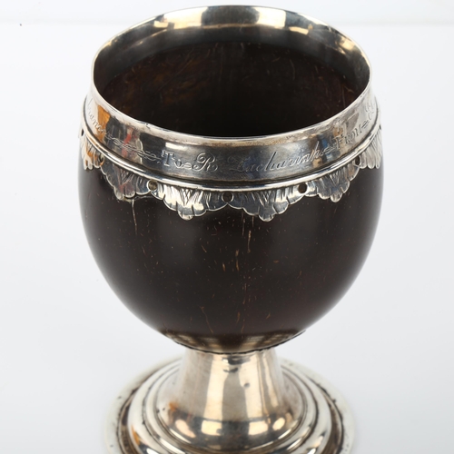 1352 - A 17th/18th century silver-mounted coconut cup, with later engraved inscription dated 1875, height 1... 