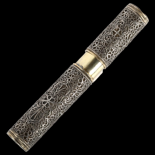 1355 - A Chinese export silver-gilt filigree scent bottle case and bottle, circa 1700, length 10cm