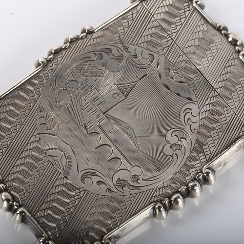 1356 - An Antique unmarked silver card case, allover engine turned decoration with engraved village and lak... 