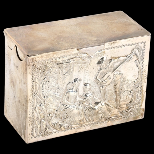 1361 - A late Victorian silver playing card box, with relief embossed lover and country scenes, by Henry Ma... 