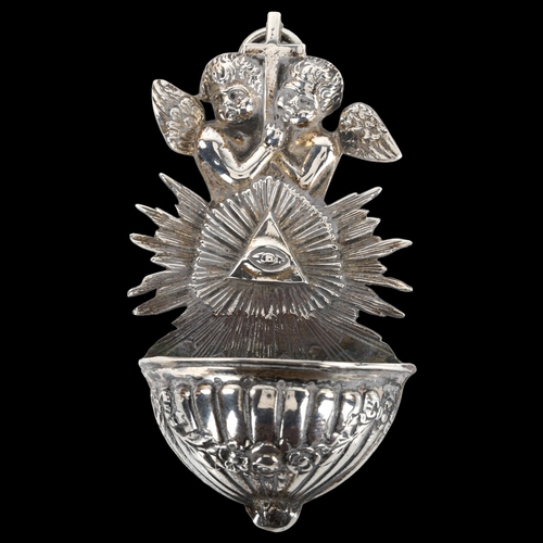 1366 - A German silver holy water receptacle circa 1900, with Eye of Providence, height 8cm, 1oz