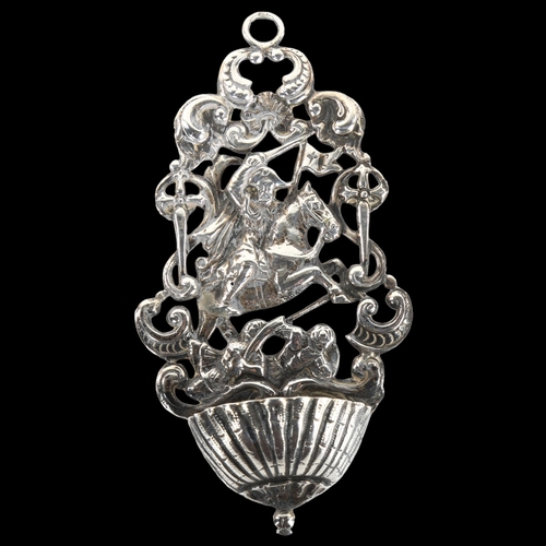 1367 - A German unmarked silver holy water receptacle, with relief embossed cavalier decoration, height 12c... 