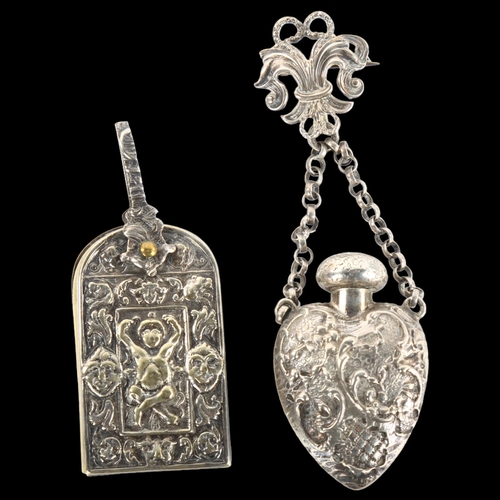 1368 - An Antique silver heart-shaped chatelaine scent bottle and aid memoire circa 1900, bottle overall he... 