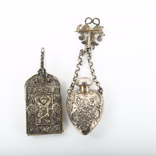 1368 - An Antique silver heart-shaped chatelaine scent bottle and aid memoire circa 1900, bottle overall he... 