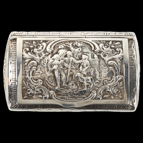 1370 - A Continental silver cushion snuffbox, relief embossed decoration, length 9.5cm, 2.9oz