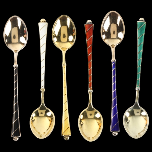 1382 - EGON LAURIDSEN - a set of 6 Danish vermeil sterling silver and harlequin enamel coffee spoons, lengt... 