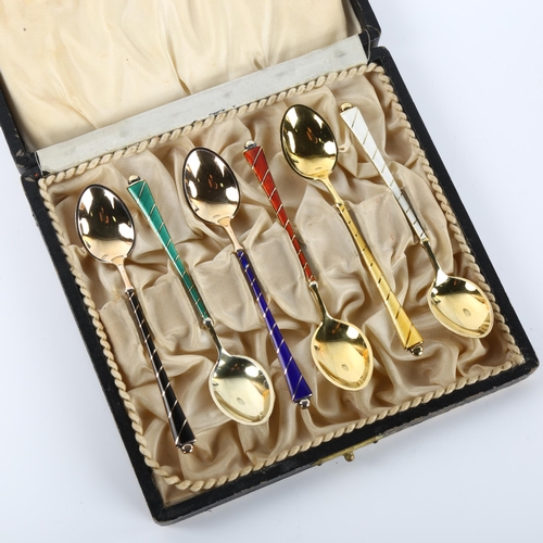 1382 - EGON LAURIDSEN - a set of 6 Danish vermeil sterling silver and harlequin enamel coffee spoons, lengt... 