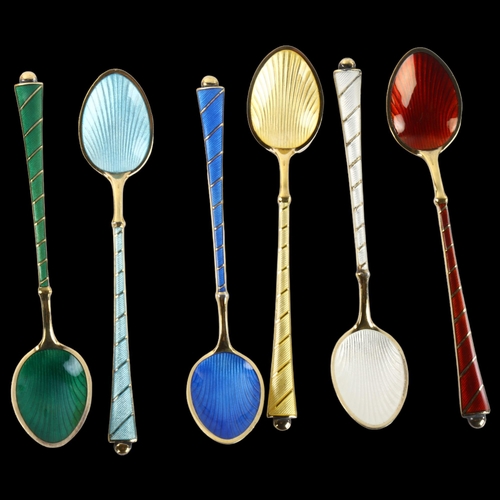 1383 - EGON LAURIDSEN - a set of 6 Danish vermeil sterling silver and harlequin enamel coffee spoons, with ... 