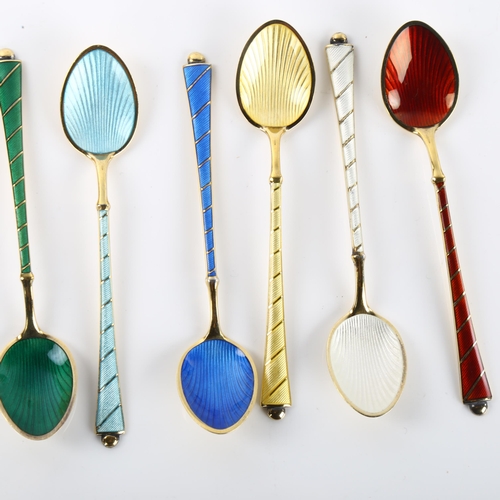 1383 - EGON LAURIDSEN - a set of 6 Danish vermeil sterling silver and harlequin enamel coffee spoons, with ... 