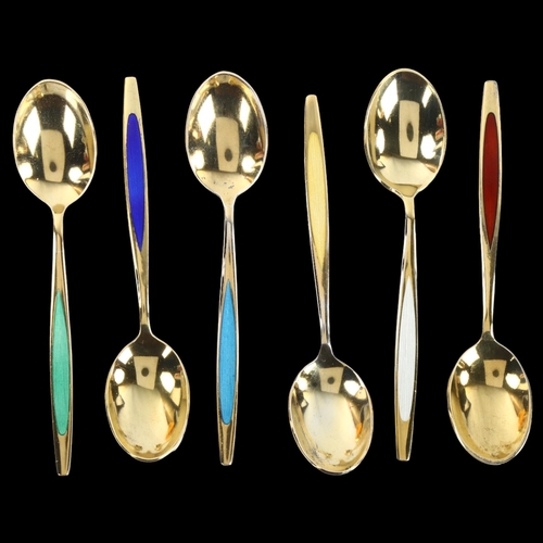 1384 - MEKA - a set of 6 Danish vermeil sterling silver and harlequin enamel coffee spoons, length 9.5cm