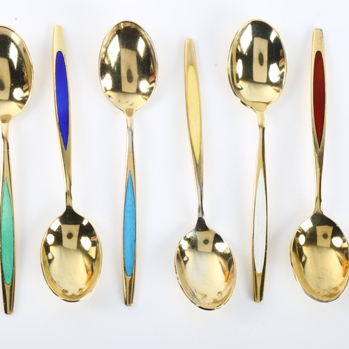 1384 - MEKA - a set of 6 Danish vermeil sterling silver and harlequin enamel coffee spoons, length 9.5cm