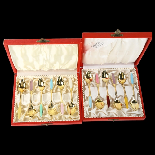 1385 - FRIGAST - a set of 12 Danish vermeil sterling silver and harlequin enamel coffee spoons, length 9.5c... 