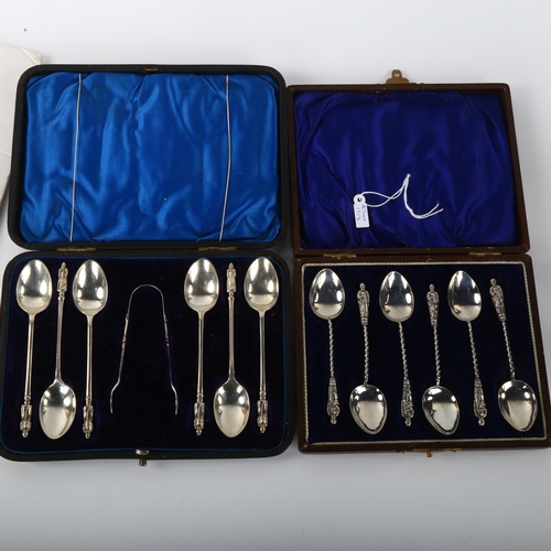 1392 - 2 cased sets of silver Apostle teaspoons and sugar tongs, including Sheffield 1905 and Birmingham 19... 