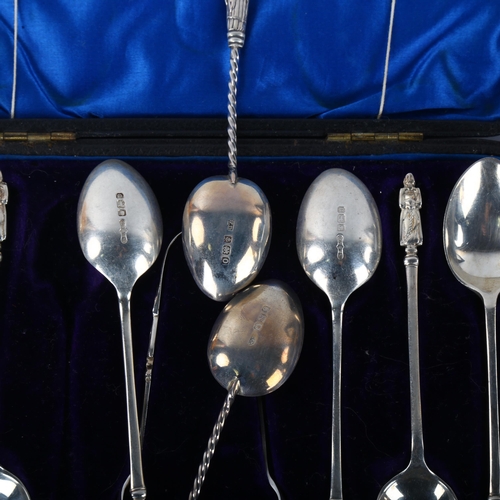 1392 - 2 cased sets of silver Apostle teaspoons and sugar tongs, including Sheffield 1905 and Birmingham 19... 