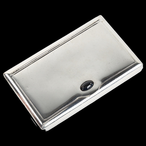 1408 - A Continental Art Deco silver card case, with cabochon sapphire thumbpiece, maker's marks BC, 9cm x ... 