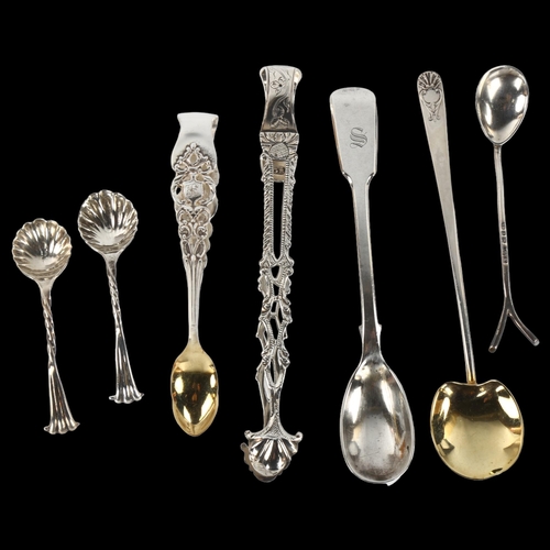 1414 - Various Antique silver flatware, including mustard spoon, sugar tongs etc, 3.1oz total