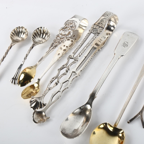 1414 - Various Antique silver flatware, including mustard spoon, sugar tongs etc, 3.1oz total