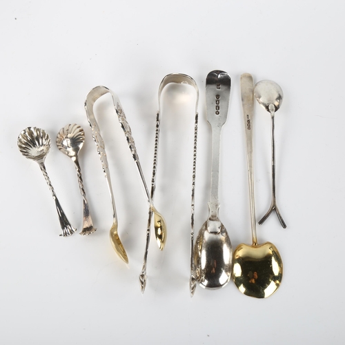 1414 - Various Antique silver flatware, including mustard spoon, sugar tongs etc, 3.1oz total