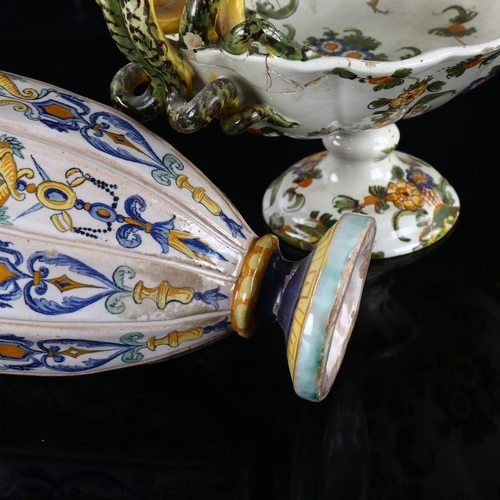 151 - 2 pieces of 19th century Maiolica, a ewer and stemmed dish, A/F, tallest 29cm