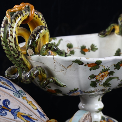 151 - 2 pieces of 19th century Maiolica, a ewer and stemmed dish, A/F, tallest 29cm