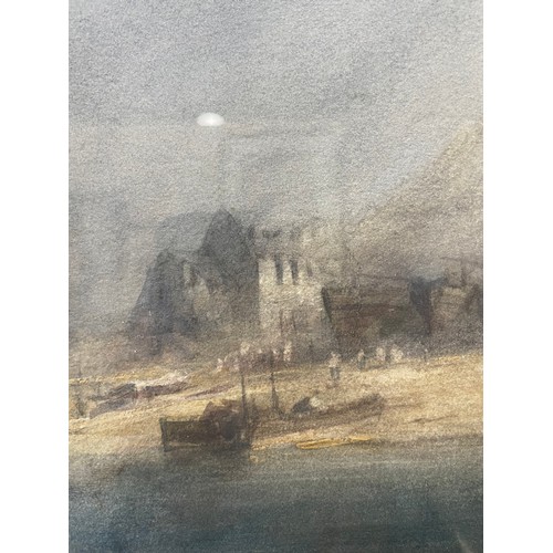 107 - Alfred William Hunt (1830 - 1896), fishing boats Whitby, watercolour, 18cm x 33cm, framed