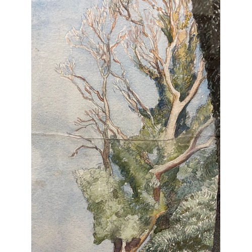 118 - Eleanor Hughes RI (1882 - 1959), trees beside a wall, watercolour, 47cm x 36cm, framed