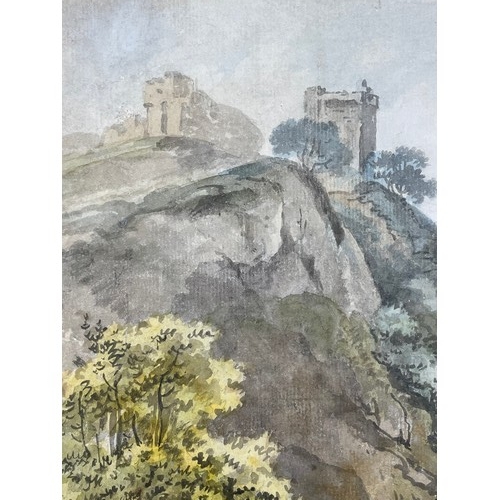 165 - George Barret Snr (circa 1728 - 1784), travellers near castle ruins, watercolour, 23cm x 36cm, frame... 