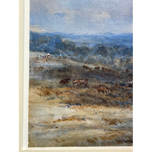 315 - 19th century English School, extensive landscape view with donkeys, watercolour, unsigned, 25cm x 45... 