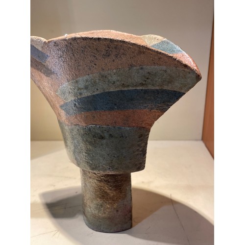 1 - Elizabeth Raeburn, a studio pottery raku flared stem vase, impressed makers marks, height 18cm