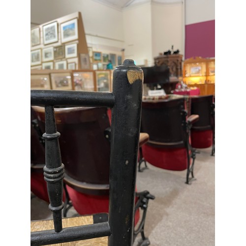 256 - A pair of Morris & Company, Arts and Crafts spindle back ebonised Sussex chairs with rush seats, hei... 