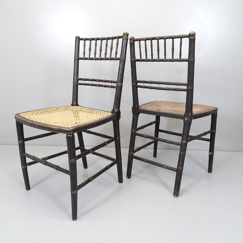 2502 - A set of four ebonised and cane seated William Morris style dining chairs