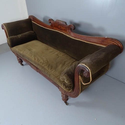 2538 - A Regency mahogany and upholstered rollover arm three-seater settee, raised on turned legs with bras... 