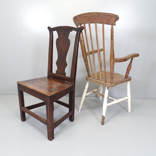 2552 - A Victorian elm-seated kitchen armchair, two antique mahogany spat back dining chairs, and another d... 