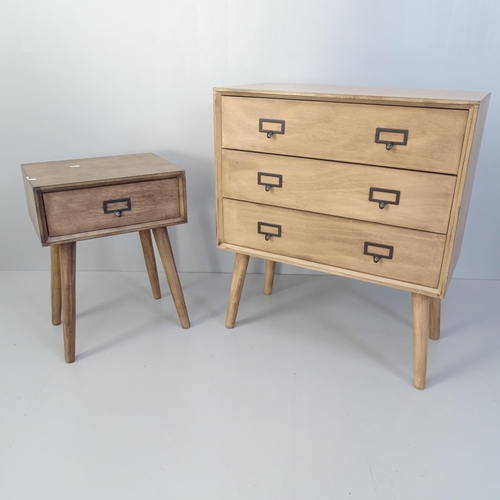 2069 - A mid-century style plywood chest of three drawers raised on turned legs, 66x76x33cm, and a matching... 