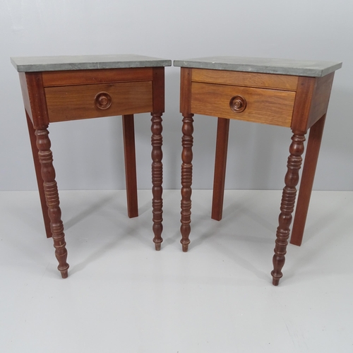 2074 - A pair of modern teak side/lamp tables, with slate top and single frieze drawer. 46x75x36cm. WITH TH... 