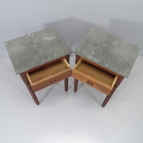 2074 - A pair of modern teak side/lamp tables, with slate top and single frieze drawer. 46x75x36cm. WITH TH... 