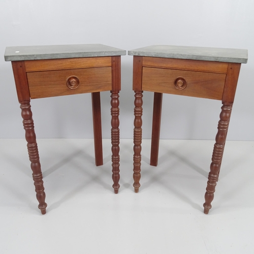 2075 - A pair of modern teak side/lamp tables, with slate top and single frieze drawer. 46x75x36cm.