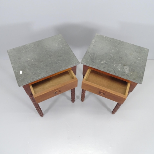 2075 - A pair of modern teak side/lamp tables, with slate top and single frieze drawer. 46x75x36cm.