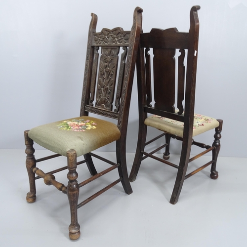 2078 - A pair of 19th century carved oak and tapestry upholstered hall chairs.