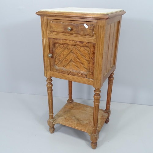 2080 - A French pitch pine and marble topped pot cupboard. 42x88x39cm.