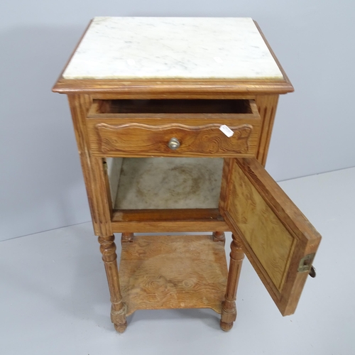 2080 - A French pitch pine and marble topped pot cupboard. 42x88x39cm.