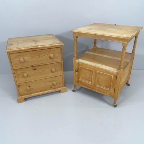 2087 - A vintage pine two tier lamp table with cupboard under, 54x70cm and a small modern pine three drawer... 