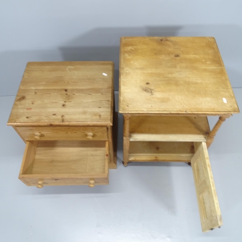 2087 - A vintage pine two tier lamp table with cupboard under, 54x70cm and a small modern pine three drawer... 