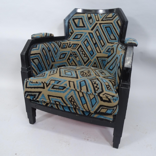 2181 - A French Art Deco tub lounge chair with ebonised frame, later reupholstered.