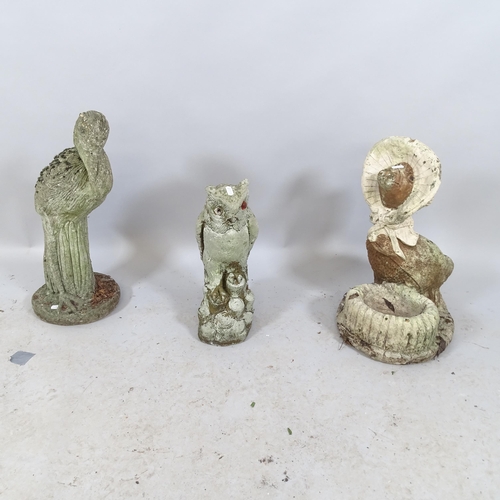 2601 - Three weathered concrete garden statues, a Heron (H 55cm), Owl (41cm) and Duck (45cm) (3).