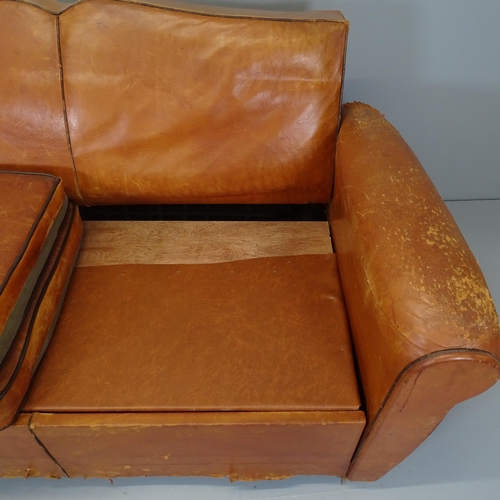 2571 - A mid-century leather-upholstered 2-seater sofa bed, 170x90x90cm